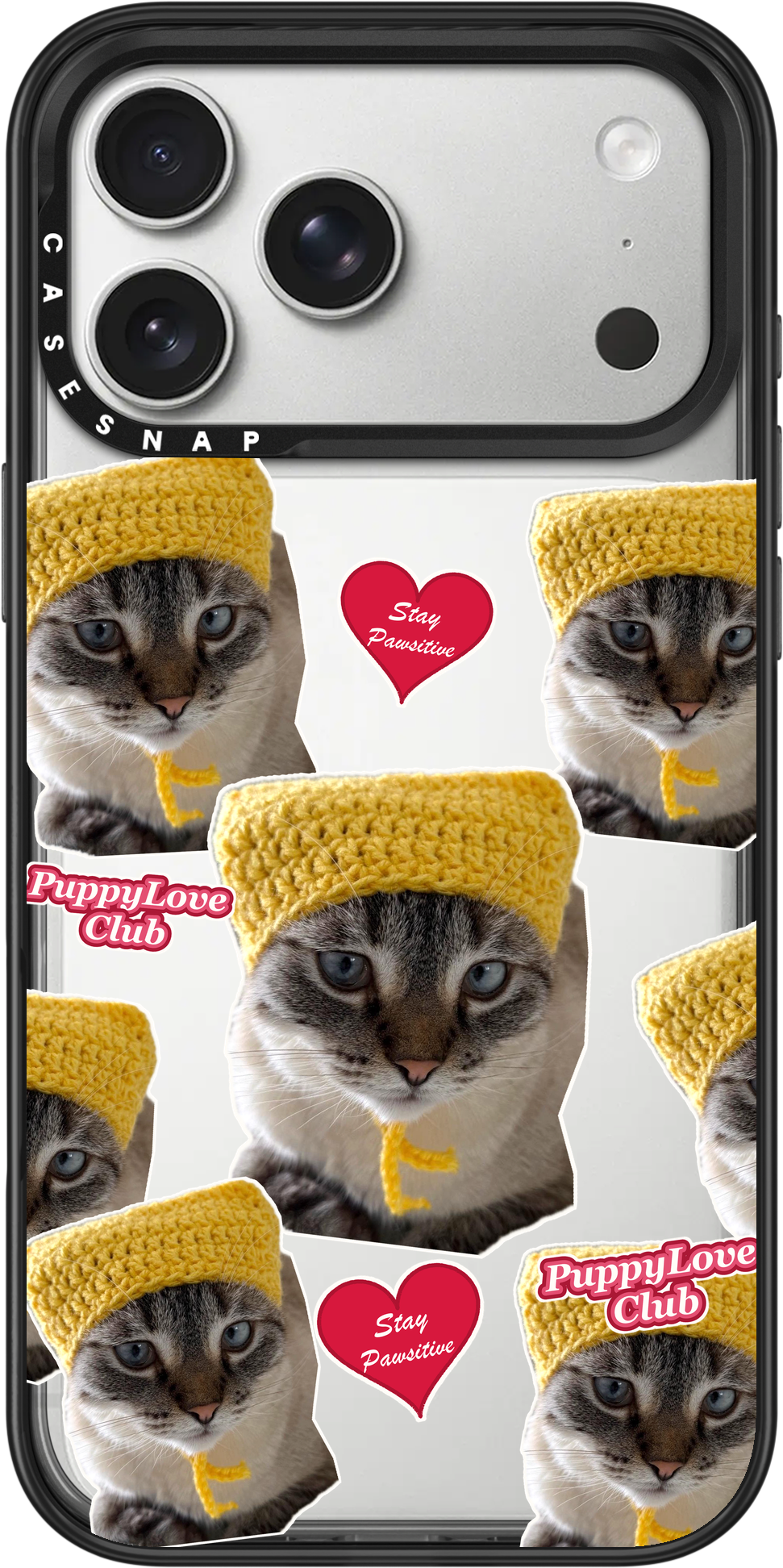 Casesnap personalised cat photo collage case with yellow hats and heart stickers