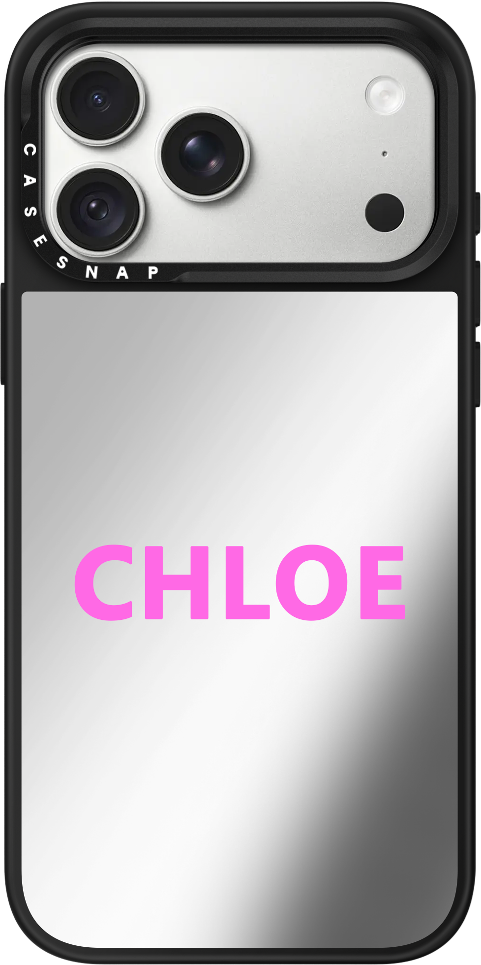 Casesnap silver mirror case personalised with CHLOE in pink